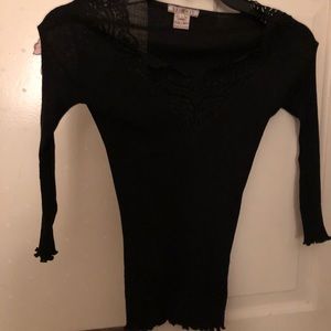 Black silk/wool thin sweater with lace trim